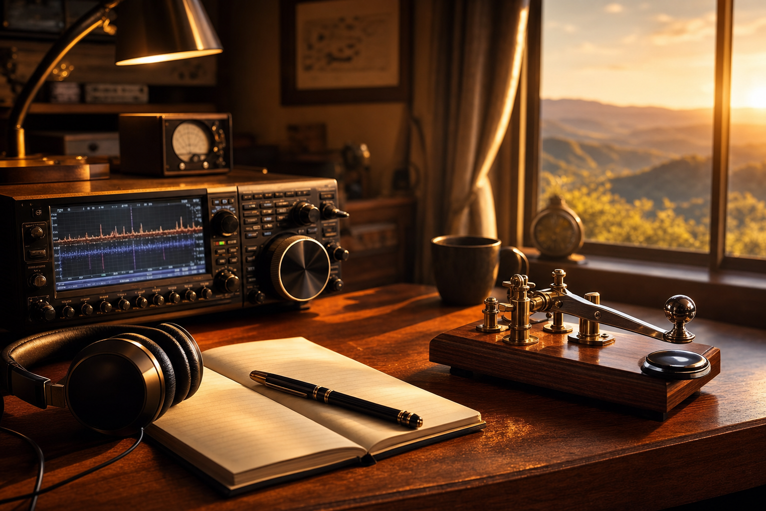 An elegant amateur radio operating desk with a modern transceiver, a polished Morse key, and a classic radio atmosphere.